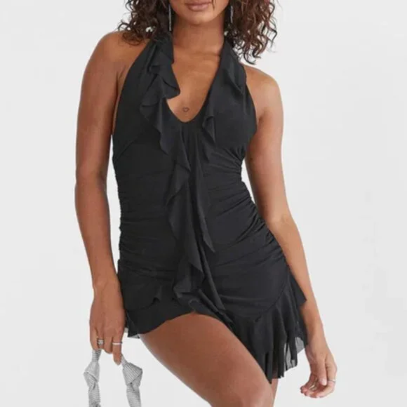 Princess Polly | Dresses | Princess Polly Gina Halter Ruffle Black  Asymmetric Mini Dress Size 6